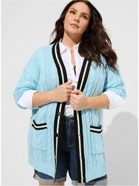 Torrid Varsity Cable Knit Cardigan Blue Striped Trim preppy collegiate 4X Plus